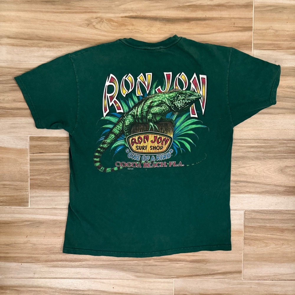 VTG Ron Jon Surf Shop Pocket T Shirt Mens Large Green Iguana Cocoa Beach